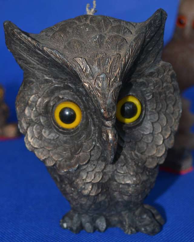 Vintage Sculpted Wax Owl Figure Candles  with Glass Eyes - 4 Pieces