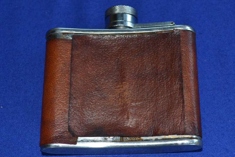 Vintage Leather Covered, Stainless Steel Curved Hip Flask - Made in England