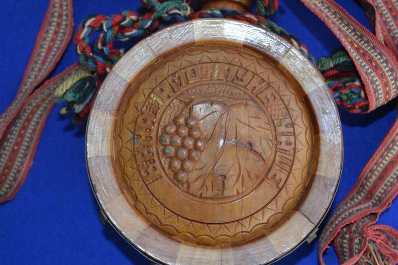 True Vintage  European Wooden Carved  Flask with Shoulder Strap