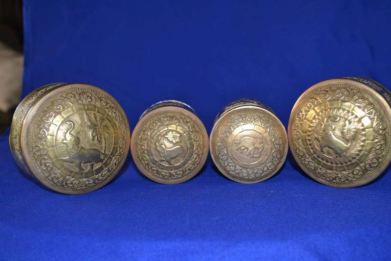 Set of Four  Vintage Indian Brass Cylindrical Engraved Containers