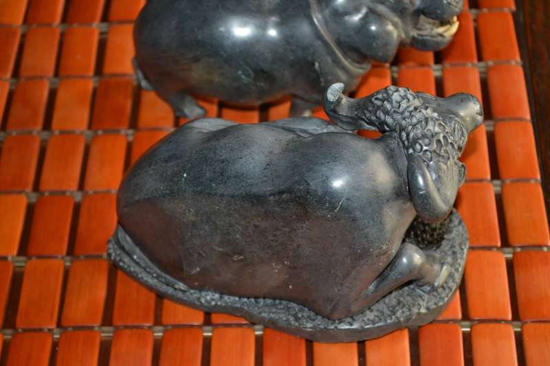 Heavy Vintage Hand Carved Stone Buffalo and Hippo Figures