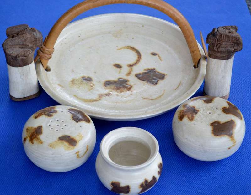 Studio Pottery Cruet Set and Bone Salt and Pepper Shakers