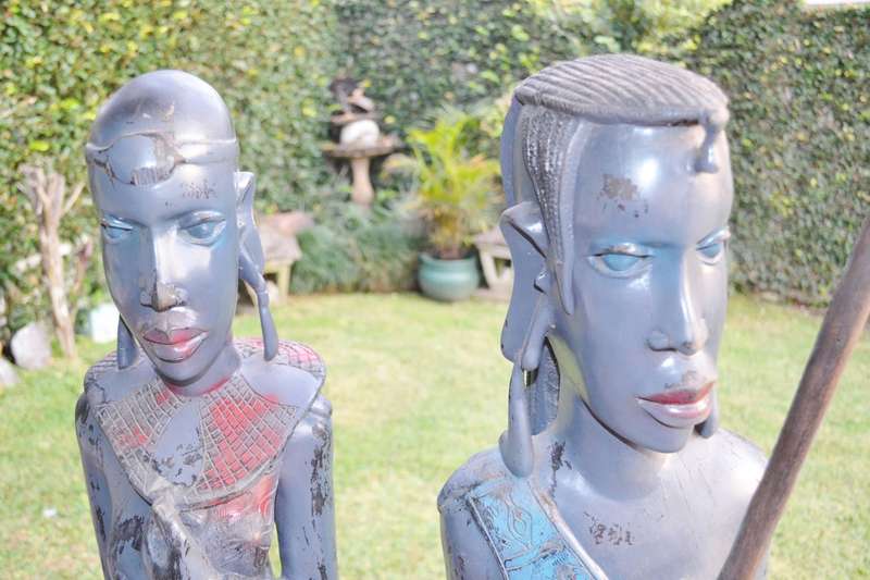 Large Maasai Woman  and Warrior - Morans - Heavy Black Hardwood Carvings c1970's