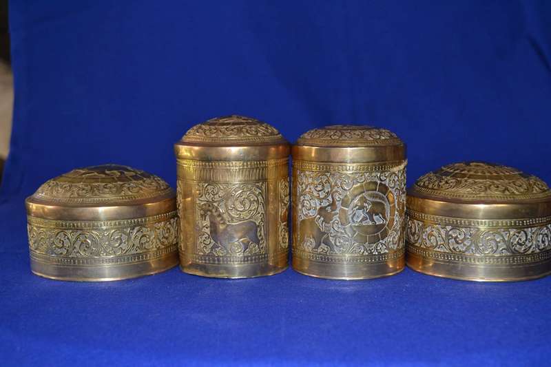 Set of Four  Vintage Indian Brass Cylindrical Engraved Containers