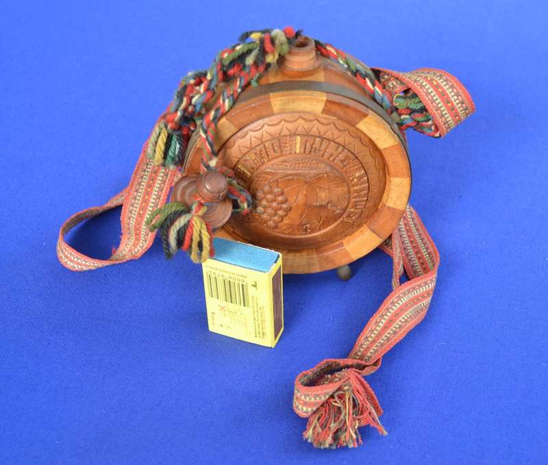 True Vintage  European Wooden Carved  Flask with Shoulder Strap