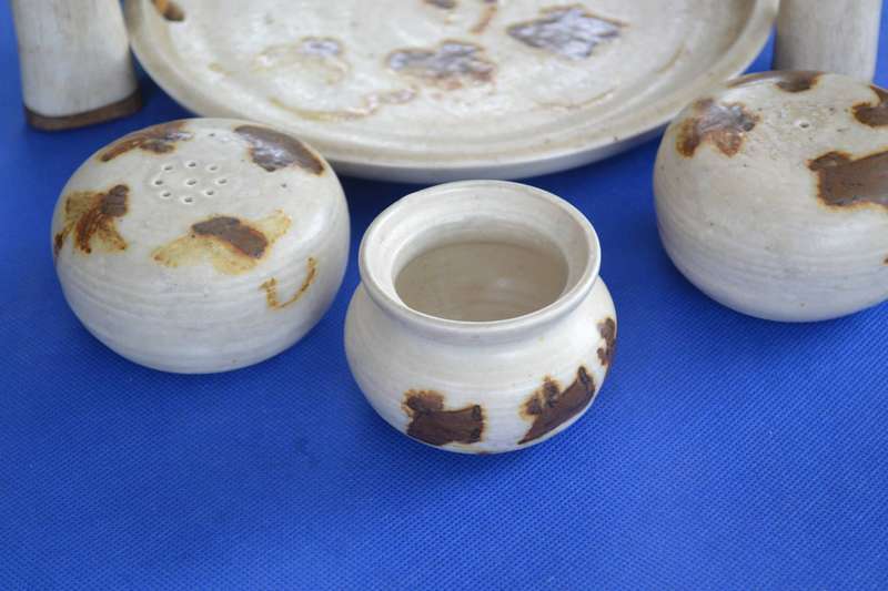 Studio Pottery Cruet Set and Bone Salt and Pepper Shakers