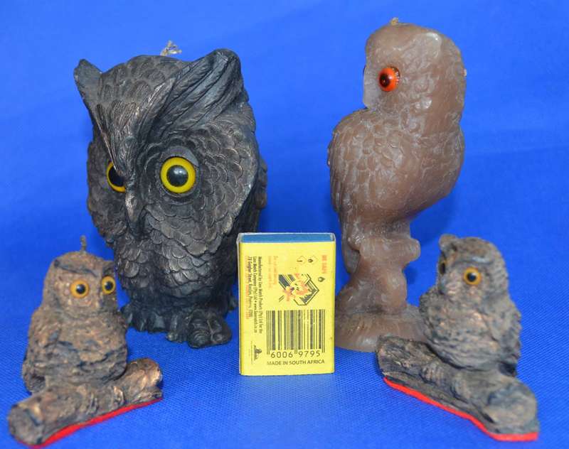 Vintage Sculpted Wax Owl Figure Candles  with Glass Eyes - 4 Pieces