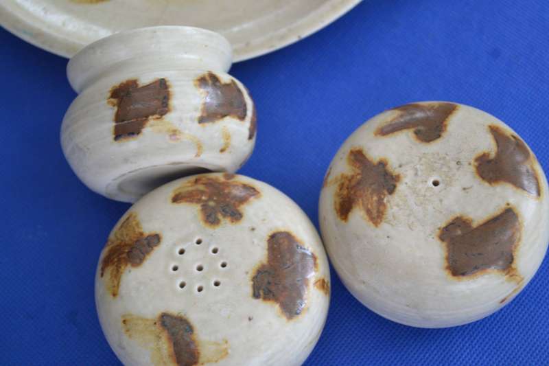 Studio Pottery Cruet Set and Bone Salt and Pepper Shakers