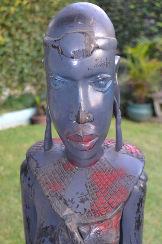 Large Maasai Woman  and Warrior - Morans - Heavy Black Hardwood Carvings c1970's