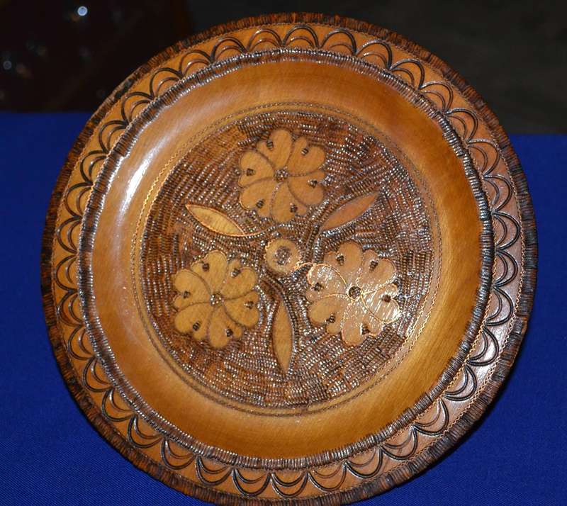True Vintage Wooden Polish Folk Art Plate with Brass Inlay