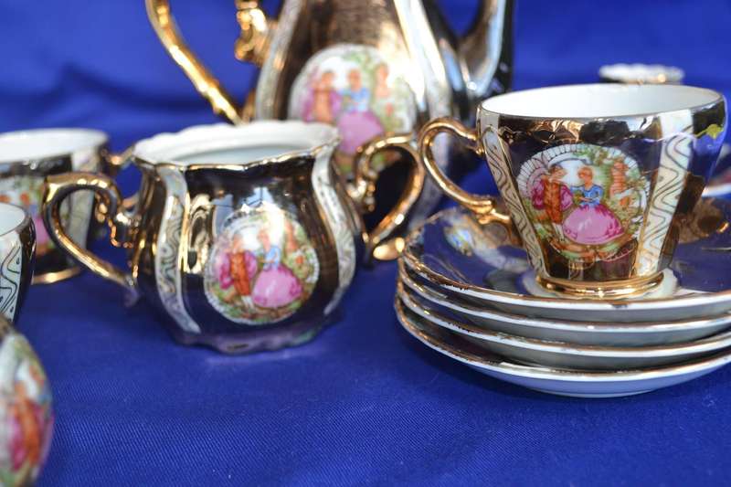 Vintage cobalt Blue and Gilt Regency Style Coffee Set - 11 Pieces