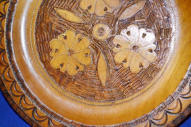 True Vintage Wooden Polish Folk Art Plate with Brass Inlay