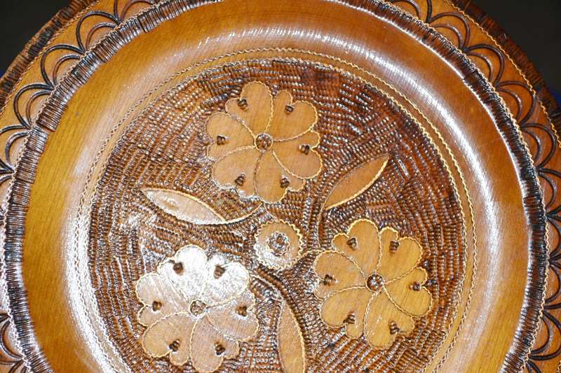 True Vintage Wooden Polish Folk Art Plate with Brass Inlay