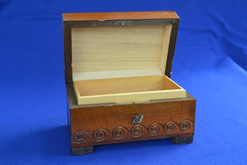 Vintage Polish Wood With Brass Inlay Folk Art Trinket / Jewelry Box