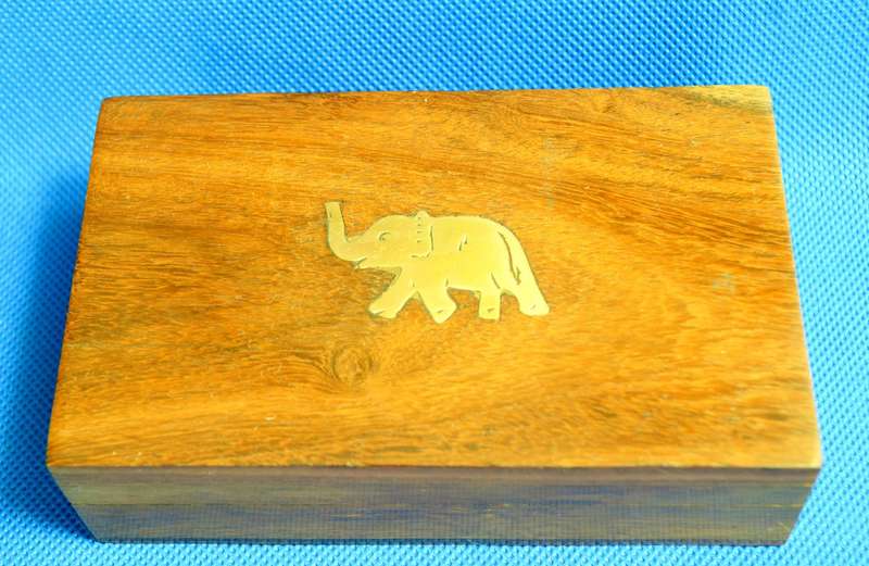 Small Vintage Wooden Card Box with Brass Elephant Inlay