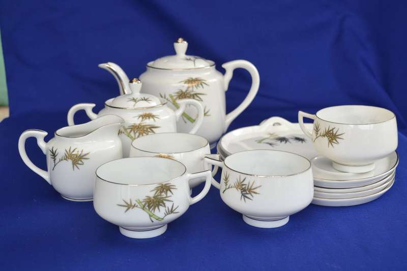 Koshida Japan Vintage Hand Painted Tennis Tea Set  with Geisha Lithophane Image in Cup - 11 Pieces
