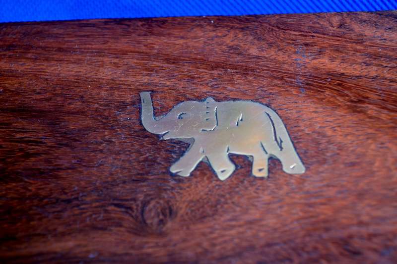 Small Vintage Wooden Card Box with Brass Elephant Inlay