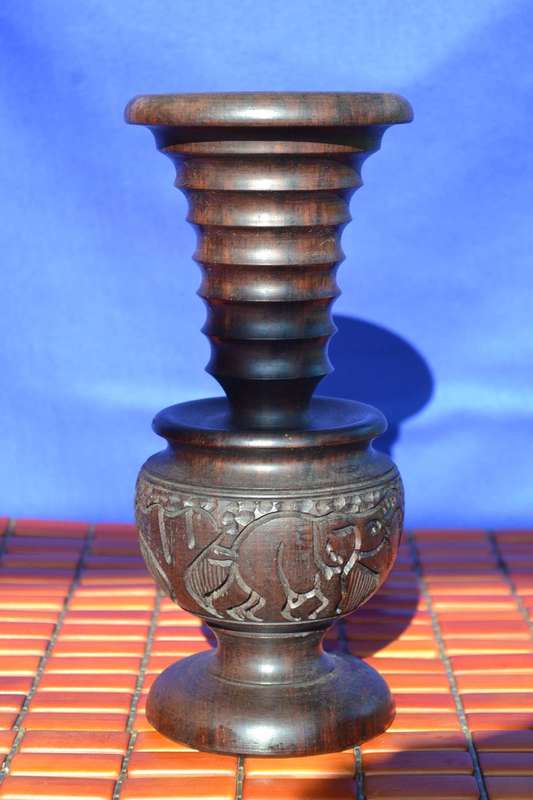 African Hard Wood Carved Vase- Elephant Design
