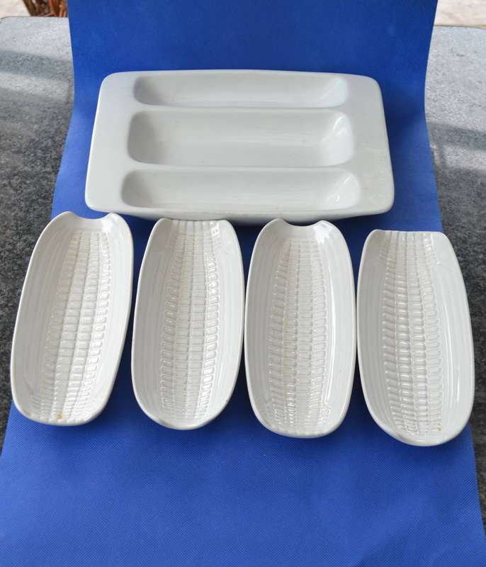 White Porcelain Corn on the Cob Serving Dishes and 3 division Serving Dish