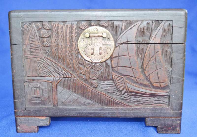 Vintage Chinese Hand Carved Camphor Wood  Storage Box