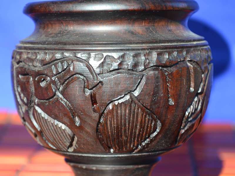 African Hard Wood Carved Vase- Elephant Design