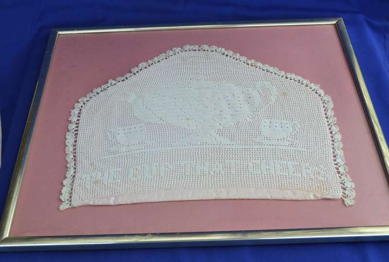 Framed Vintage Mary Card  Fillet Crochet Tea Cosy - The Cup That Cheers