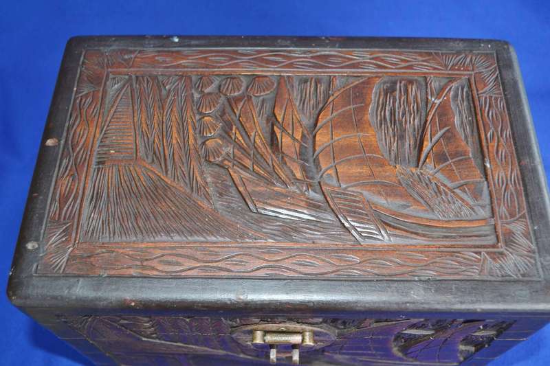 Vintage Chinese Hand Carved Camphor Wood  Storage Box
