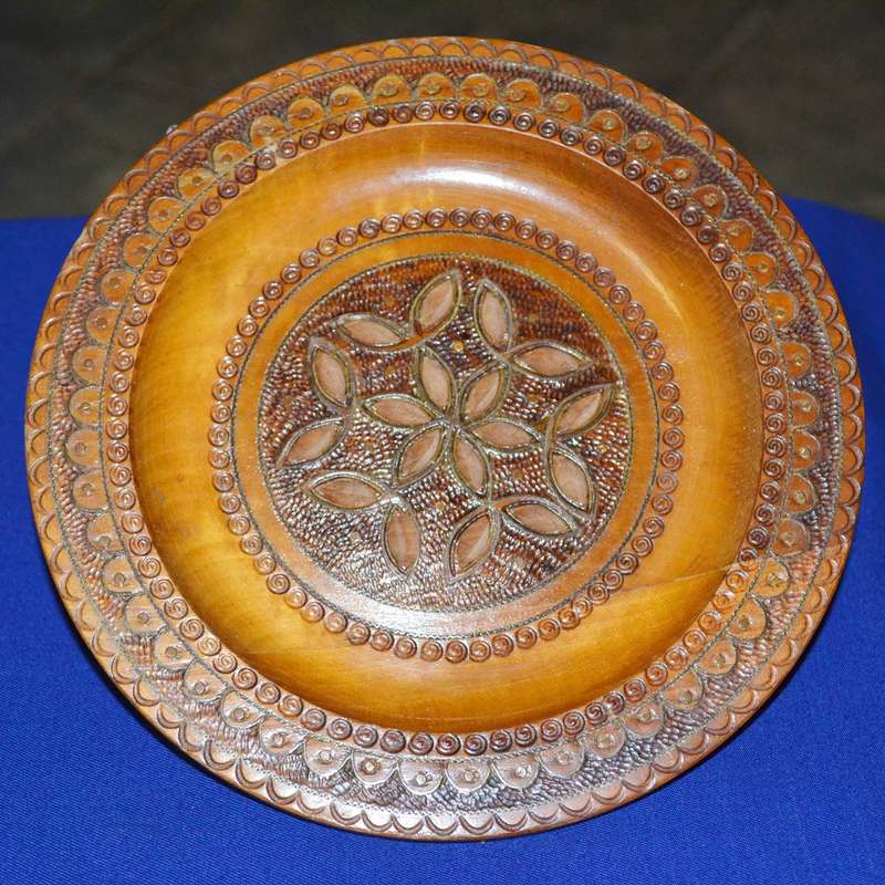 True Vintage Wooden Polish Folk Art Plate with Brass Inlay