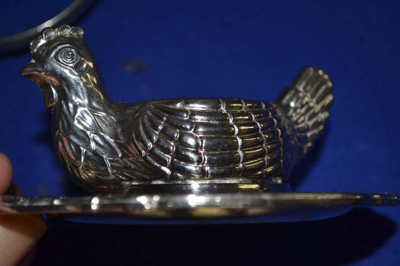 Vintage Silver Plate Nesting Hen Egg Cup and Handled Stand