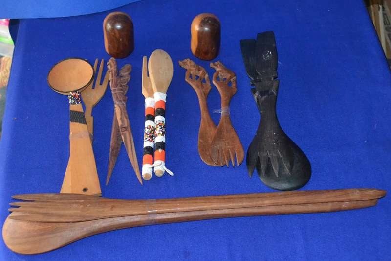 Assorted Vintage wooden salad servers  Wooden Salt and Pepper Shakers