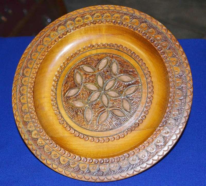 True Vintage Wooden Polish Folk Art Plate with Brass Inlay