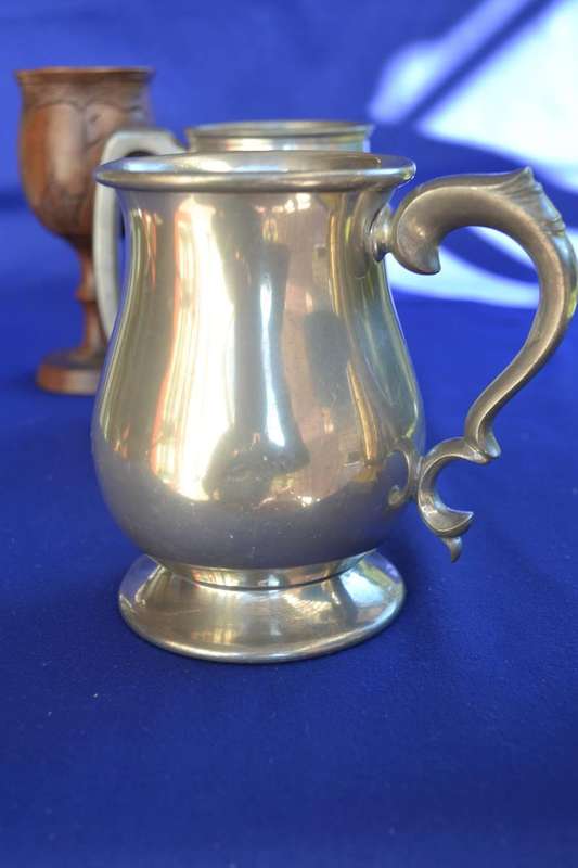 Vintage Tankards - Pewter Glass Bottom and Silver Plate Plus Wooden Goblet