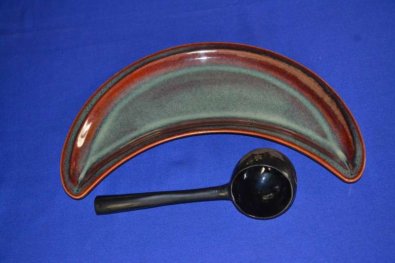 Ceramic Crescent Moon Dish with Lacquer Painted Decorative Ladle