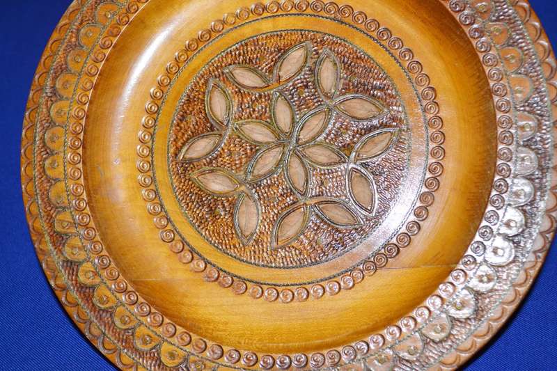 True Vintage Wooden Polish Folk Art Plate with Brass Inlay