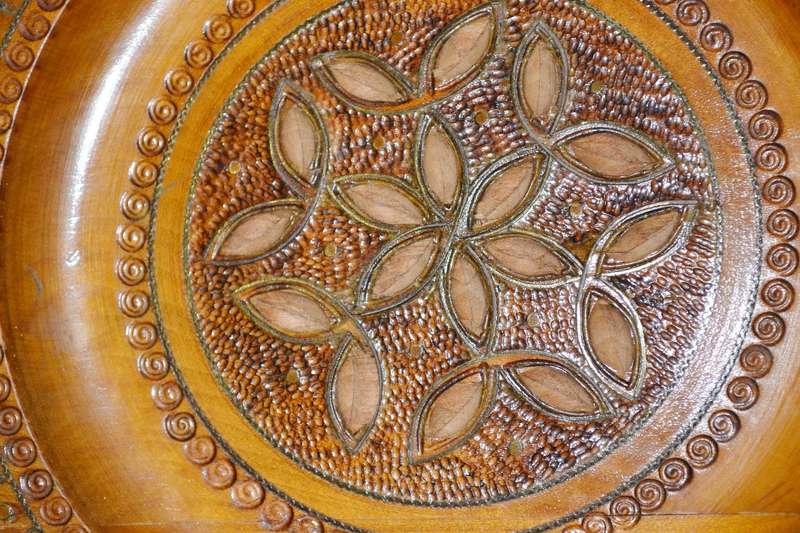True Vintage Wooden Polish Folk Art Plate with Brass Inlay