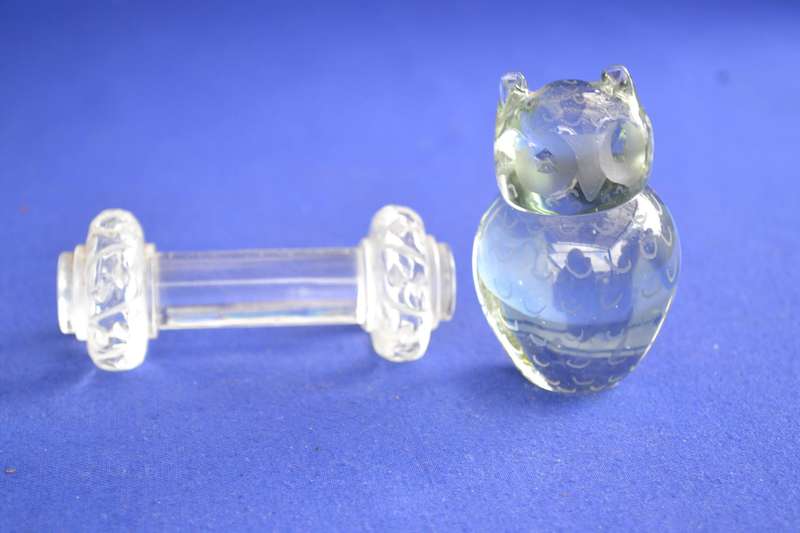 Vintage Glass dumbbell Paperweight and  small  Ngwenya Glass Owl
