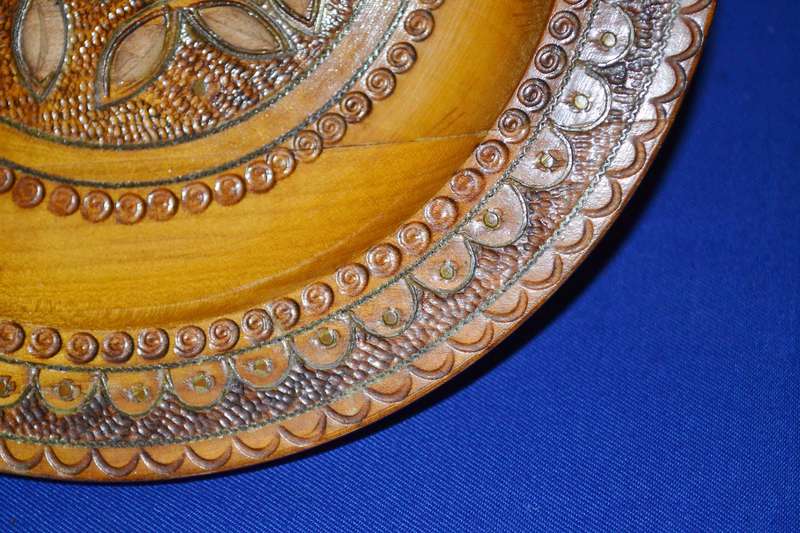 True Vintage Wooden Polish Folk Art Plate with Brass Inlay