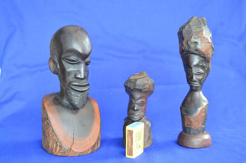 Vintage Hand Carved Wooden African Busts - 3 Pieces