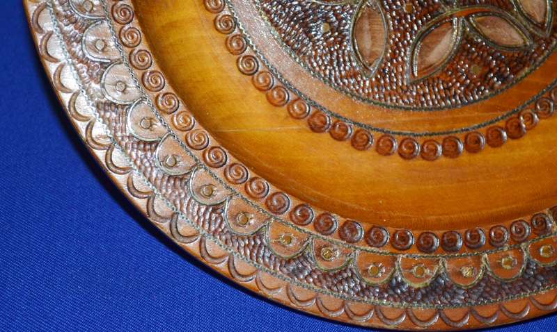 True Vintage Wooden Polish Folk Art Plate with Brass Inlay