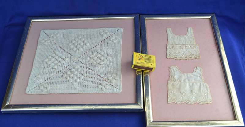 Framed Vintage Filet Crochet Granny Square & Framed Vintage Lace Dolls Clothes