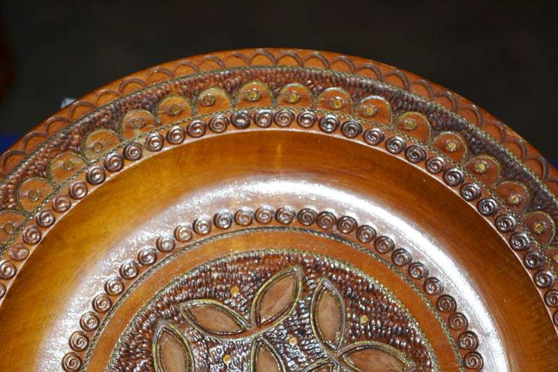 True Vintage Wooden Polish Folk Art Plate with Brass Inlay