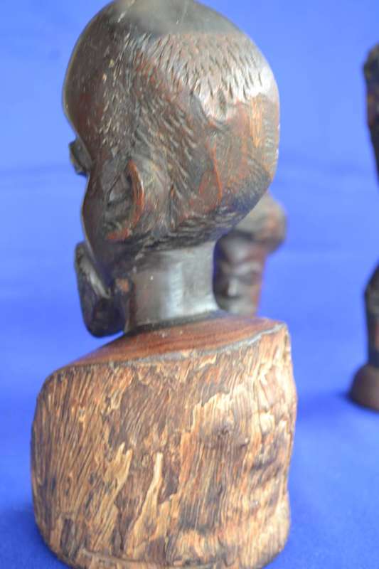 Vintage Hand Carved Wooden African Busts - 3 Pieces
