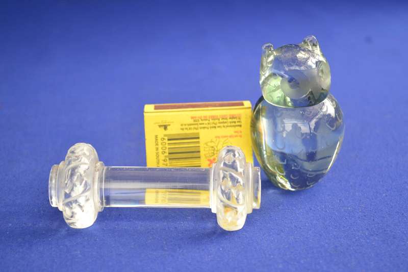 Vintage Glass dumbbell Paperweight and  small  Ngwenya Glass Owl
