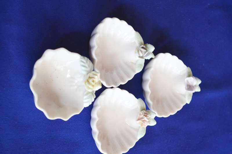 Vintage Hand Painted Cherub Pedestal Trinket Dish Plus Porcelain Trinket Dishes - Set of four