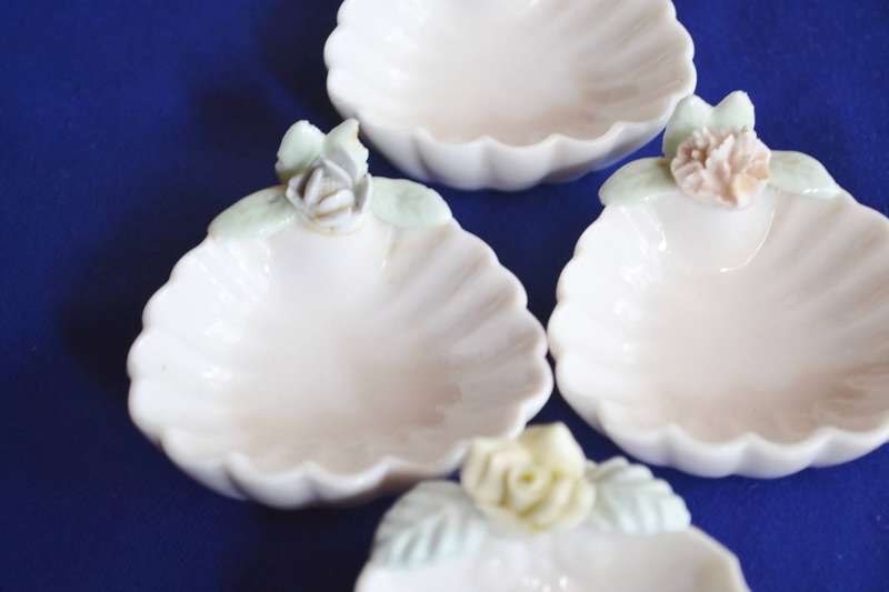 Vintage Hand Painted Cherub Pedestal Trinket Dish Plus Porcelain Trinket Dishes - Set of four