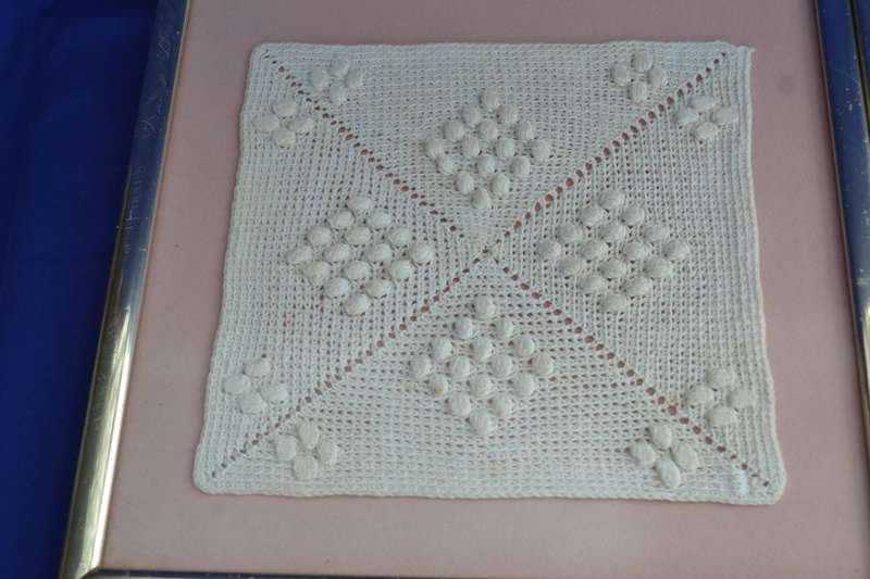 Framed Vintage Filet Crochet Granny Square & Framed Vintage Lace Dolls Clothes