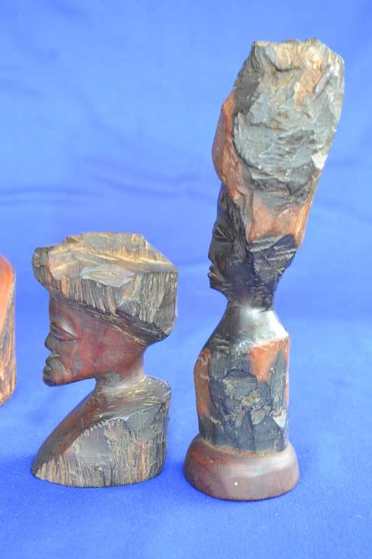 Vintage Hand Carved Wooden African Busts - 3 Pieces