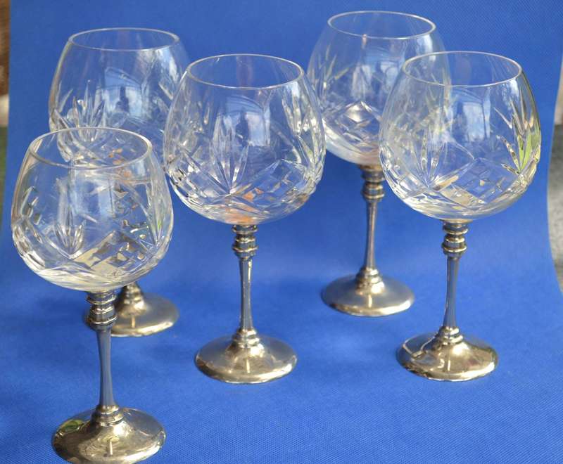 Cut Crystal Wine Glasses with Silver Plate Stem and Base x 5