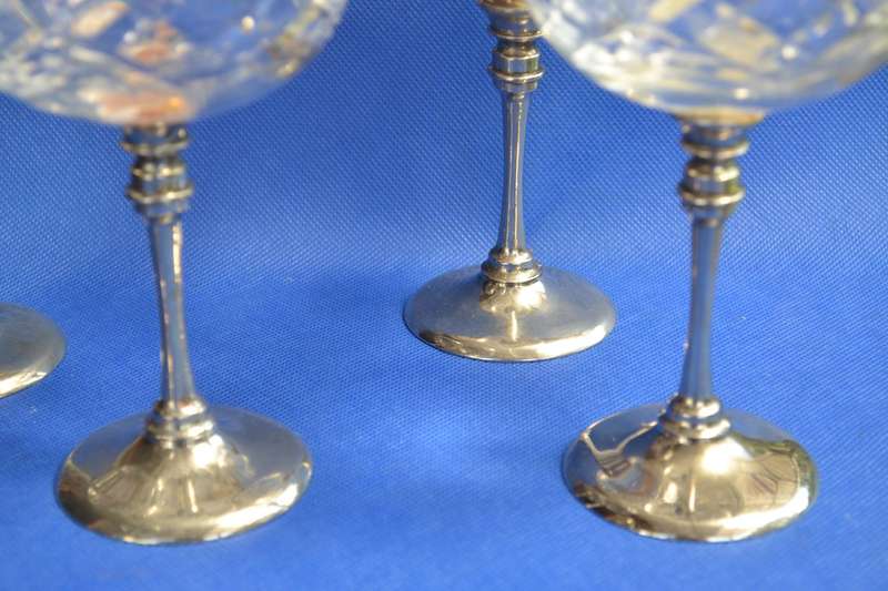 Cut Crystal Wine Glasses with Silver Plate Stem and Base x 5