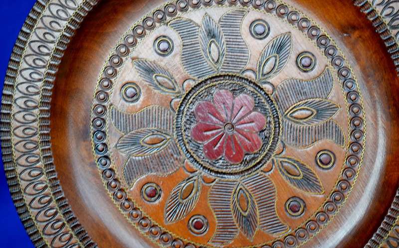 True Vintage Wooden Polish Folk Art Plate with Brass Inlay